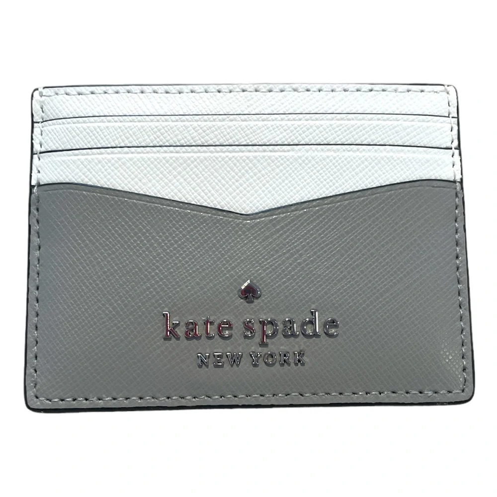 Kate Spade Staci Colorblock Saffiano Leather Card Case Wallet Gray White
